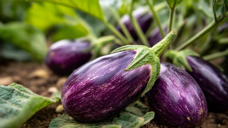 Fresh organic eggplants growing on the ground in an outdoor gardenの素材