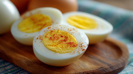 Delicious hard boiled eggs sliced and served on a wooden boardの素材