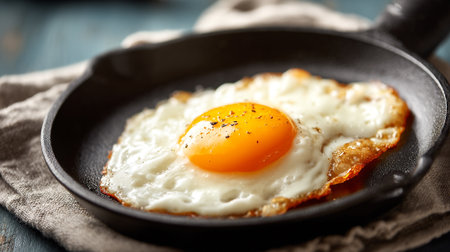 Single Fried Egg with Golden Yolk and Crispy Edges in Skilletの素材