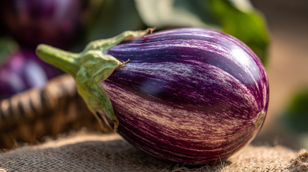Purple striped eggplant on burlap sack in basket under sunlight outdoors.の素材