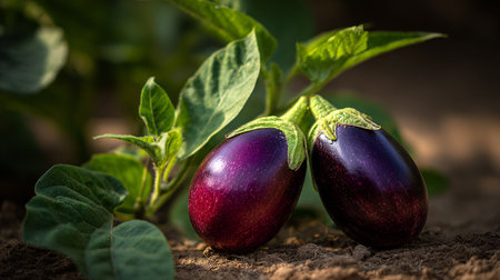 Two Fresh Purple Eggplants Growing in Garden on the Vine, Agriculture.の素材