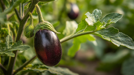 Ripening Eggplant in Lush Garden: A Study in Organic Horticultureの素材
