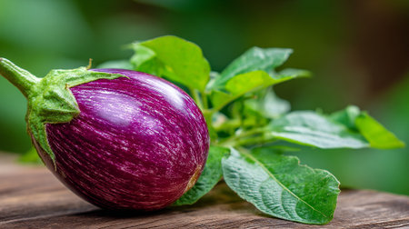 Round striped eggplant resting near leaves on a weathered wooden surfaceの素材