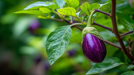 Vibrant Eggplant Hanging on the Vine Ready to Be Picked Soon.の素材