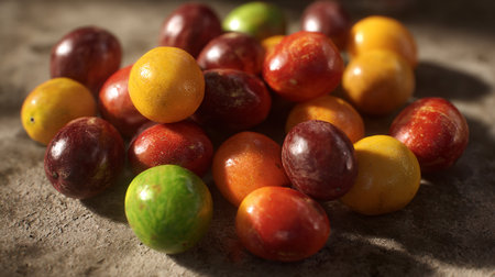 Colorful dragee candies on wooden table, closeupの素材