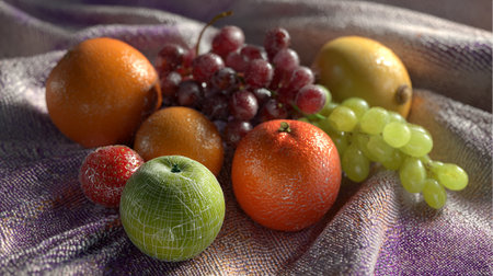 Fruits on a background of purple fabric, close-up.の素材