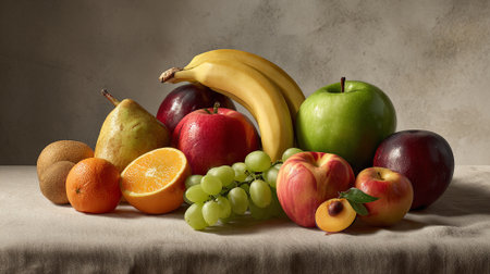 Still life of fresh fruits on a table in front of a concrete wallの素材