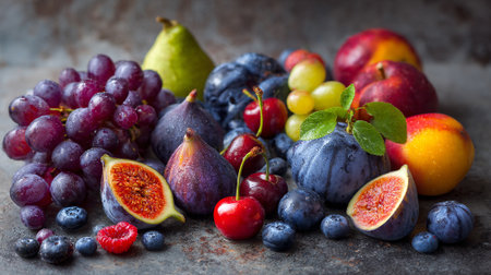 Assortment of fresh fruits and berries on rustic background, selective focusの素材