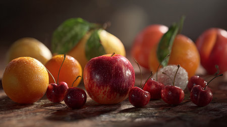 Variety of fresh fruits on old wooden table. Selective focus.の素材