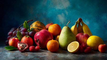 Fruits and vegetables on a dark background. Healthy food concept.の素材