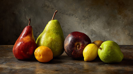 Still life with pears and lemons on a rustic backgroundの素材