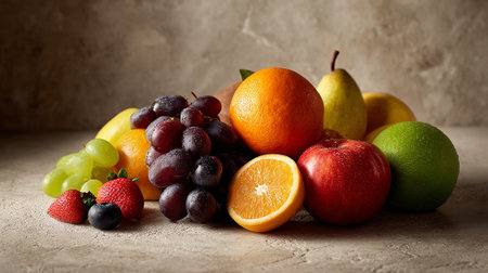 Composition with fresh fruits on grey textured background, selective focusの素材