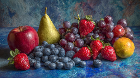Still life with fresh fruits and berries on a blue background, selective focus.の素材