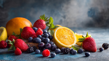 Fresh fruits and berries on a blue background. Healthy food concept.の素材