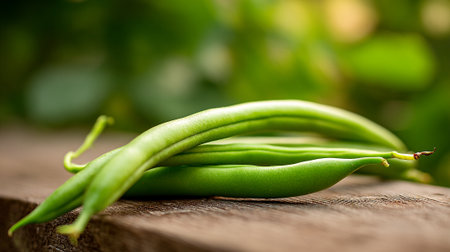 Fresh Green Beans on Wood, a Delightful and Healthy Harvestの素材