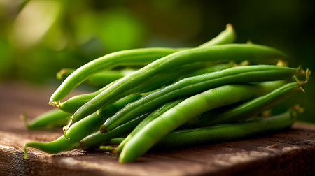 Fresh green beans on rustic wood, highlighting vibrant color and texture.の素材