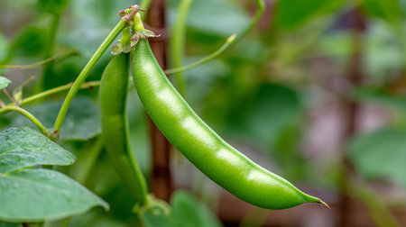 Lush Green Bean Pods Hang Ripely on Vine in the Gardenの素材