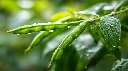 Fresh green bean pods glistening with raindrops in a lush gardenの素材