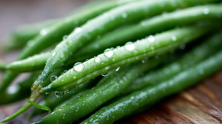Fresh Green Beans with Water Droplets Resting on Wooden Backgroundの素材