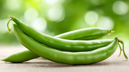 Fresh green beans arranged on surface, vibrant and nature-inspired still life.の素材
