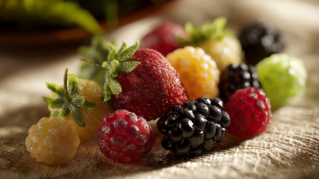 Close up of mixed berries on the table. Selective focus.の素材