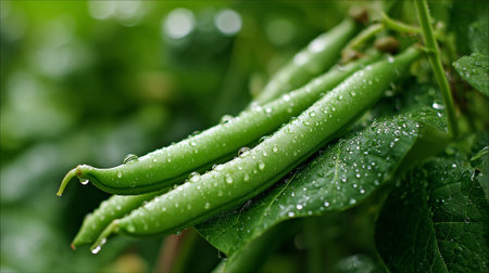 Fresh green beans with glistening water droplets in a lush garden settingの素材