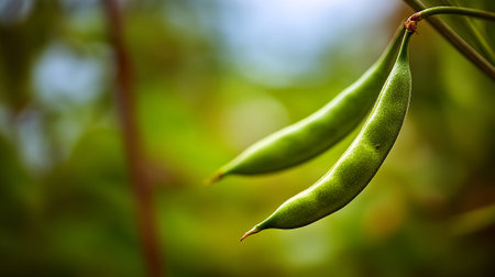 Two Vibrant Green Bean Pods Hanging in a Natural Settingの素材