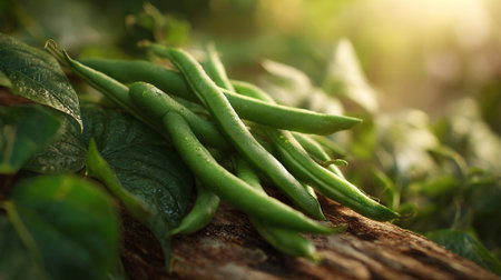Freshly Harvested Green Beans Displayed on a Rustic Wooden Surfaceの素材