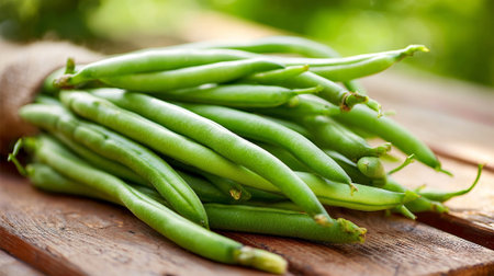 Fresh green beans spilling from a burlap sack on rustic woodの素材