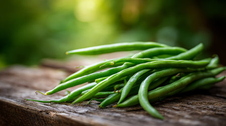 Freshly Picked Green Beans on Weathered Wood in Natural Light Settingの素材
