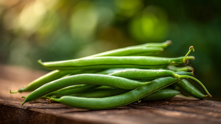 Vibrant green beans on rustic wooden surface in natural light settingの素材