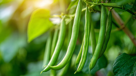 Fresh Green Beans Growing in Garden on Vine on a Sunny Dayの素材