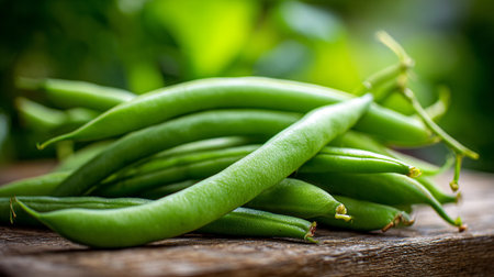 Fresh green beans on weathered wooden surface offer natural vibrant nutritionの素材