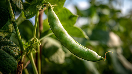 Vibrant green bean pod hanging amongst lush leaves in summer gardenの素材