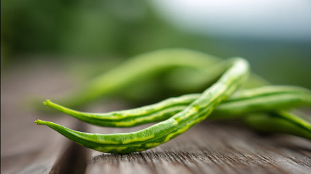 Fresh slender yardlong beans elegantly arranged on rustic wooden planks outdoorsの素材
