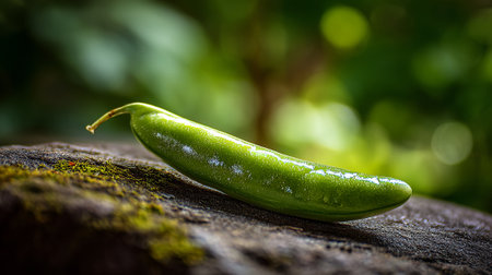 A Fresh Green Pea Pod Resting on Mossy Stone, Nature's Natural Offeringの素材