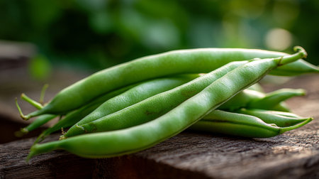 Freshly Harvested Green Beans Displayed Beautifully on Rustic Wooden Surfaceの素材