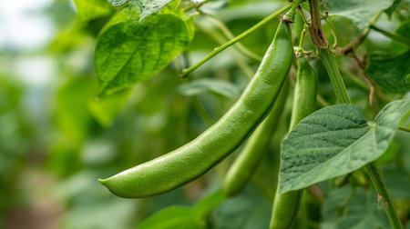 Vibrant Green Beans Growing on a Plant in a Home Gardenの素材