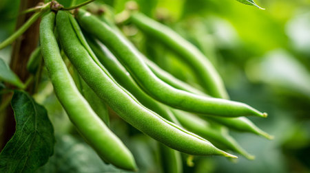 Freshly Grown Green Beans Hanging From the Vine in Natural Lightの素材