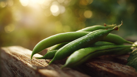 Freshly Picked Green Beans Laying on Rustic Wood Against Sunny Backdropの素材