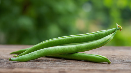 Fresh green beans on wooden surface outdoors in the gardenの素材