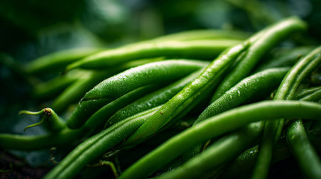 Fresh green beans on a dark surface displaying natural texturesの素材