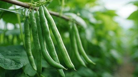 Fresh green beans hanging gracefully from the vine in a garden setting.の素材