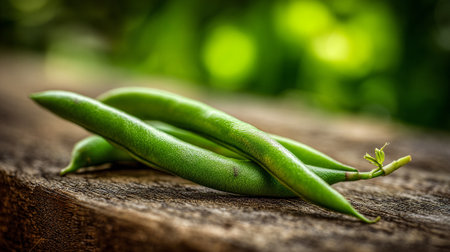 Freshly Picked Green Beans Resting on Rustic Wooden Surface Outdoorsの素材