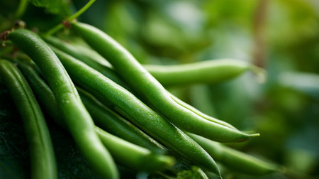 Freshly Picked Green Beans in a Lush Garden Setting, Organic Produceの素材