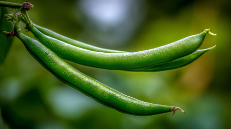 Fresh green bean pods hanging gracefully from the plant in the gardenの素材