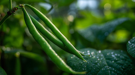Fresh Green Beans on the Vine with Morning Dew Sparklingの素材