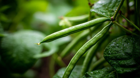 Fresh green beans growing on the vine in the gardenの素材