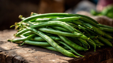Fresh green beans beautifully displayed on rustic wooden surfaceの素材