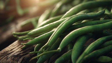 Fresh green beans on a rustic wooden surface, full of healthy vitaminsの素材